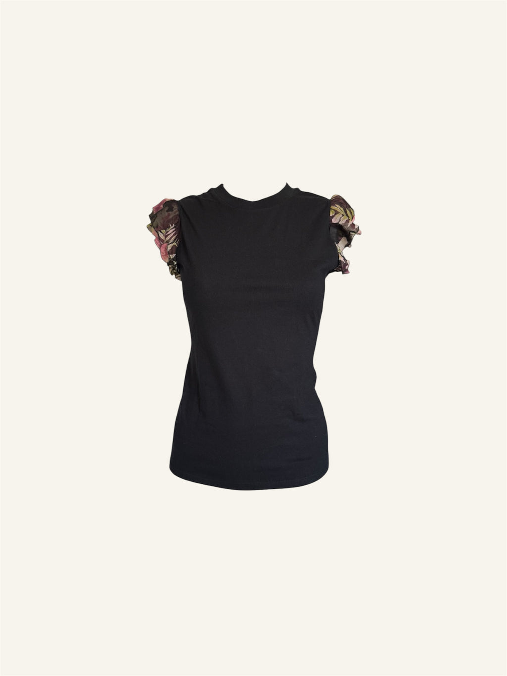 Blumarine Black Floral Ruffle Short Sleeve Top