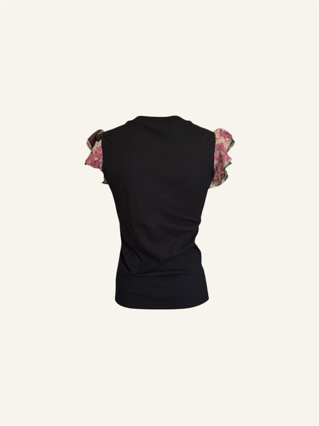 Blumarine Black Floral Ruffle Short Sleeve Top