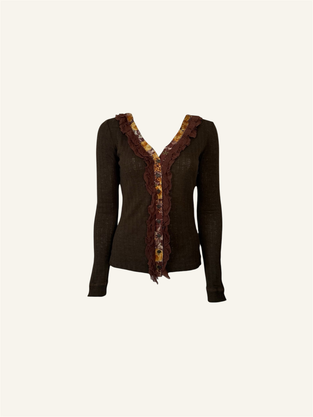 Dolce & Gabbana Floral Ruffle Brown Long Sleeve Top