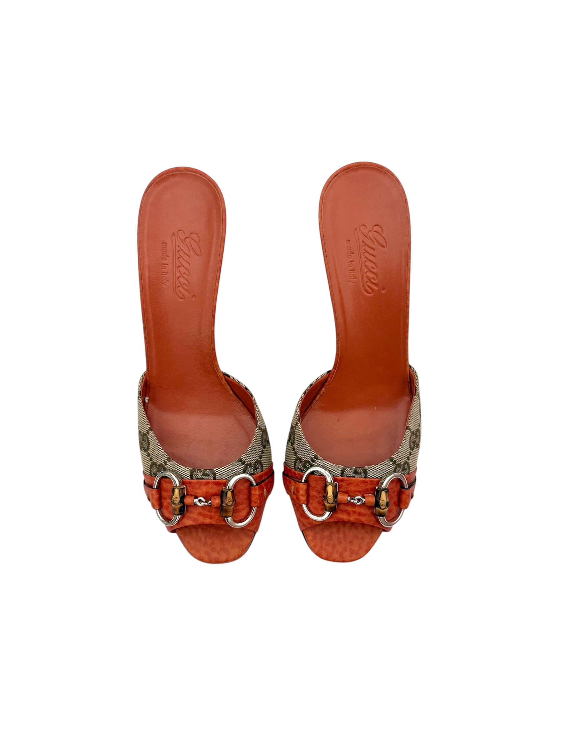 Gucci Orange Leather Monogram Horsebit Heels