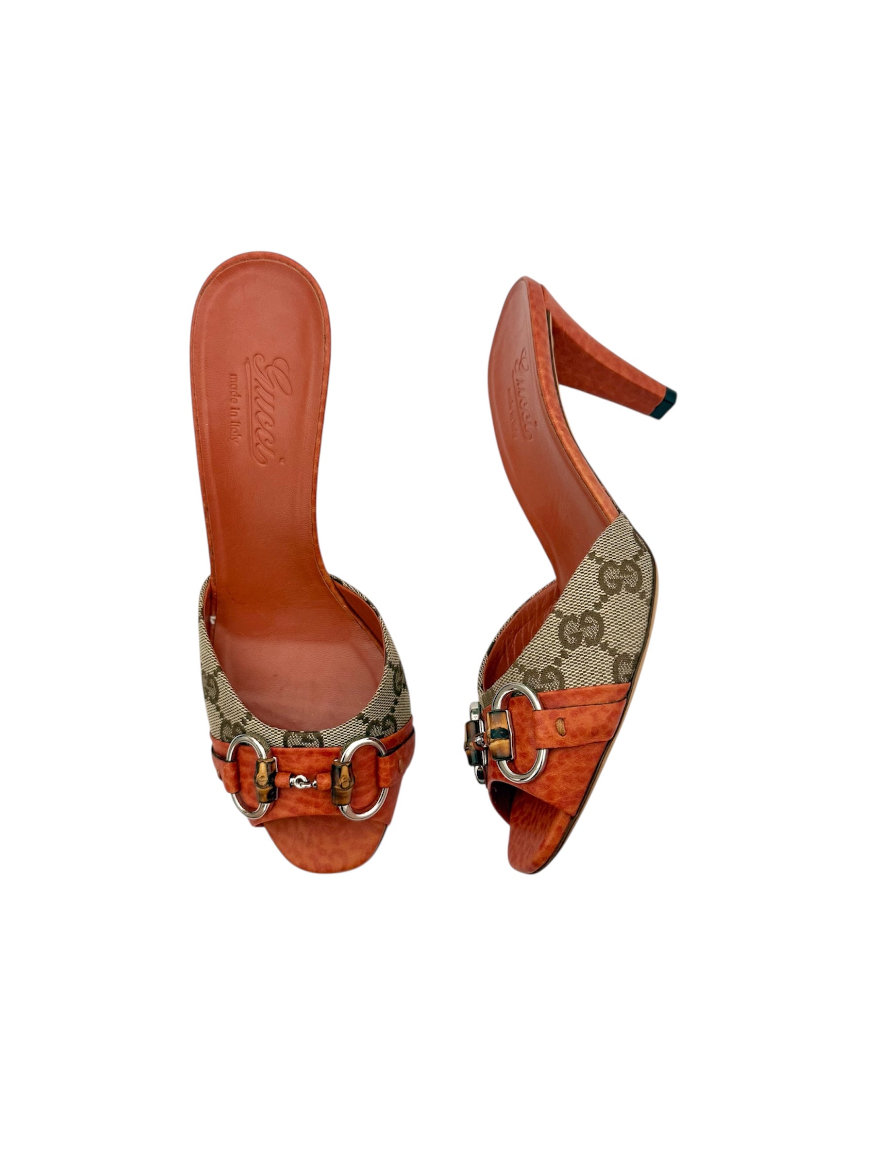 Gucci Orange Leather Monogram Horsebit Heels