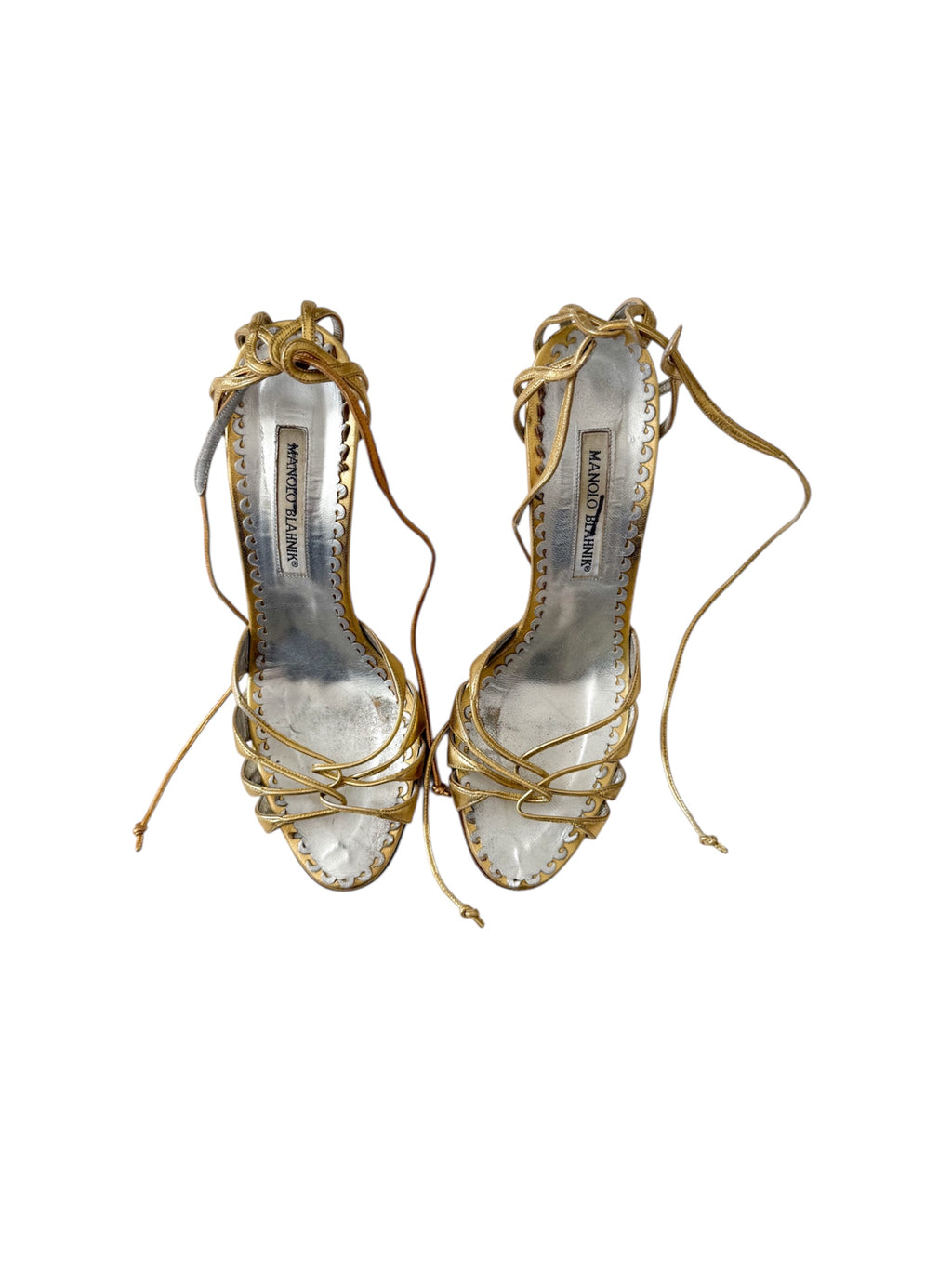 Manolo Blahnik Gold Metallic Strappy Heels