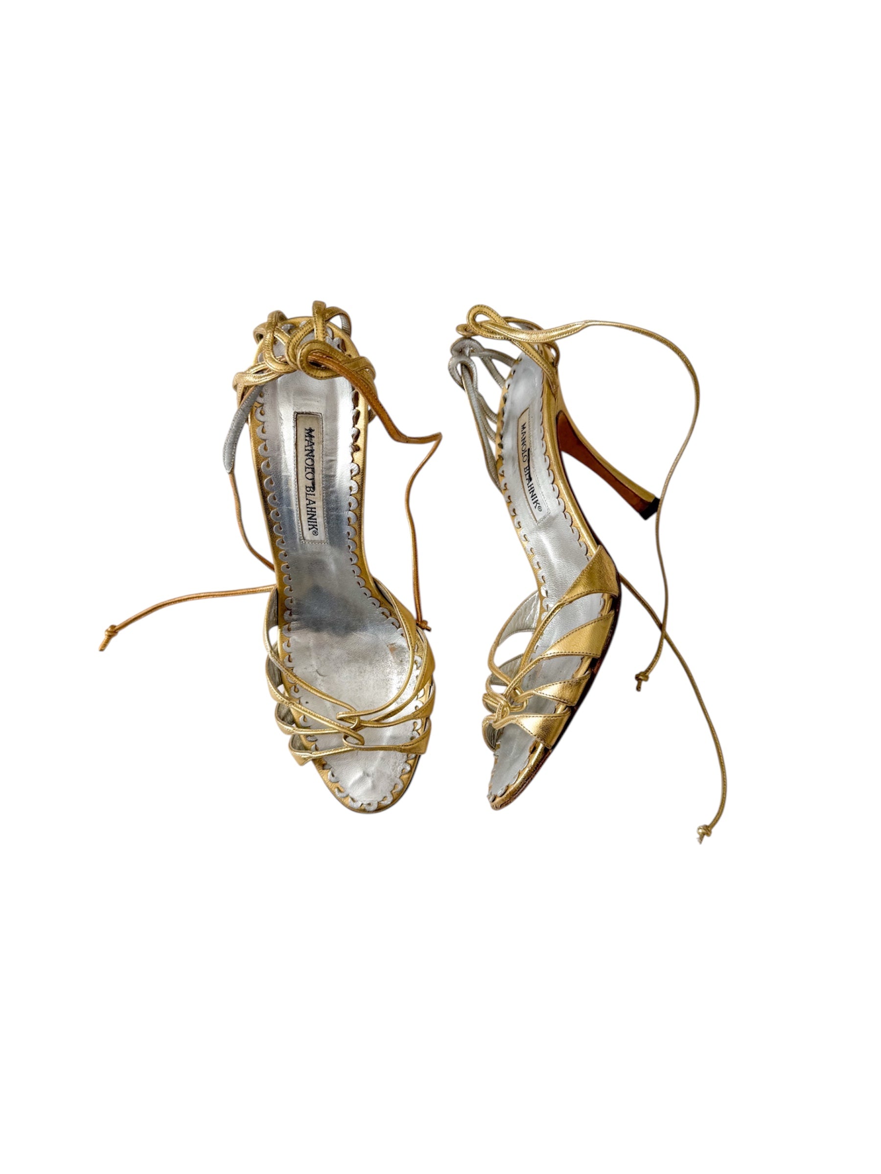 Manolo Blahnik Gold Metallic Strappy Heels