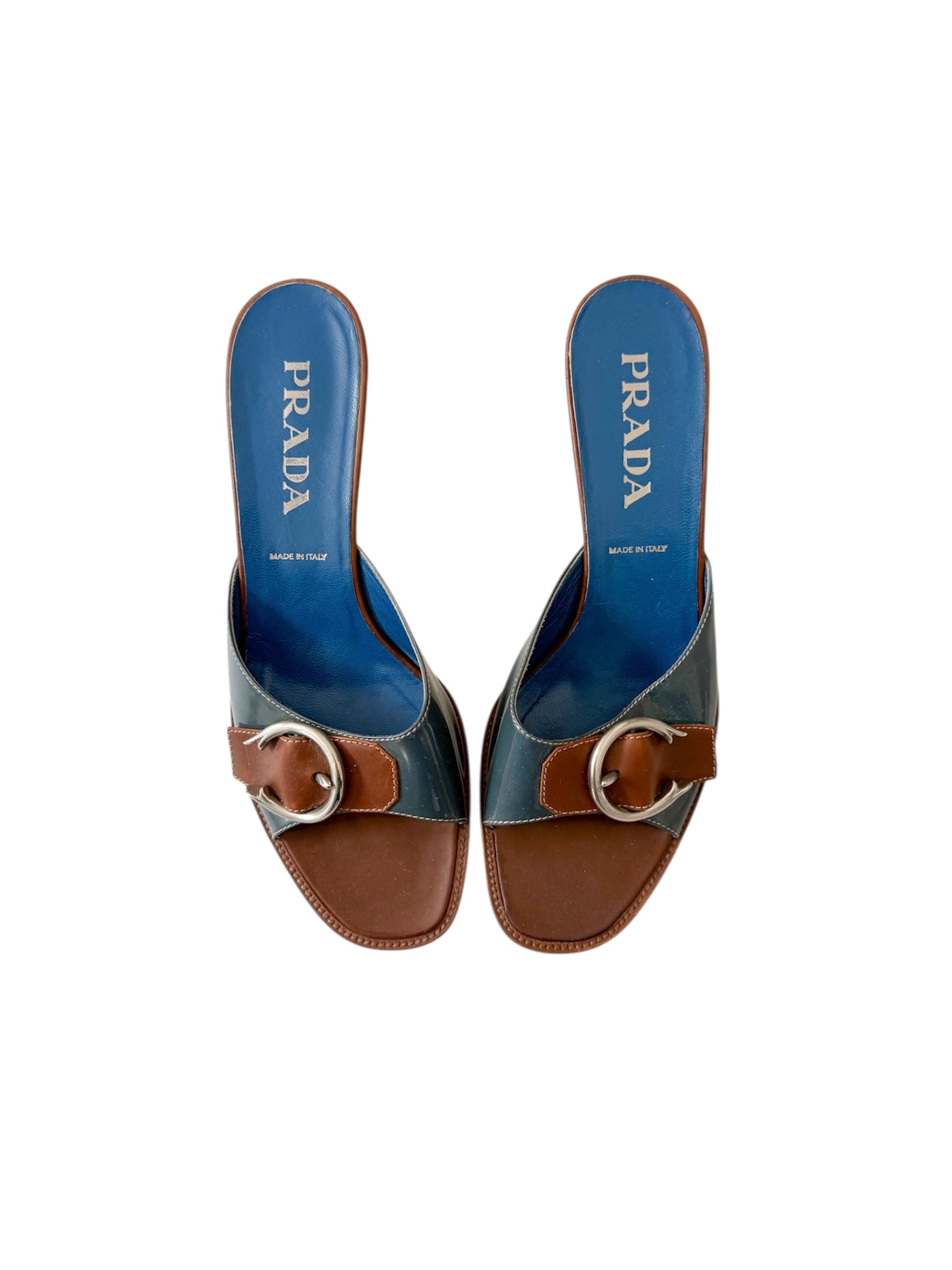 Prada Blue & Brown Buckle Kitten Heels