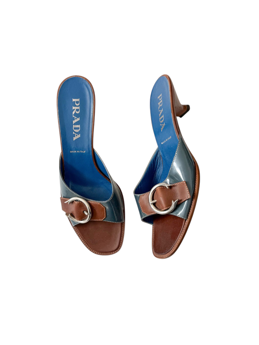 Prada Blue & Brown Buckle Kitten Heels