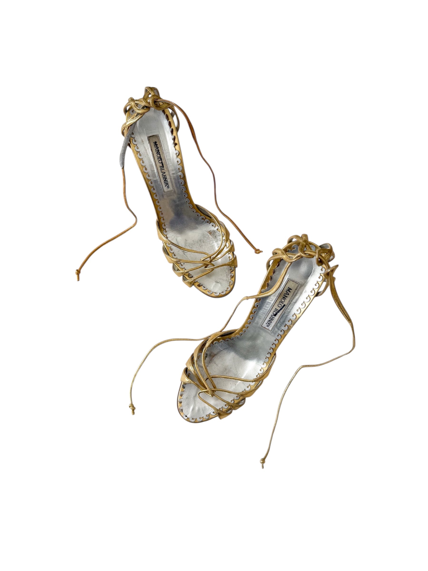 Manolo Blahnik Gold Metallic Strappy Heels