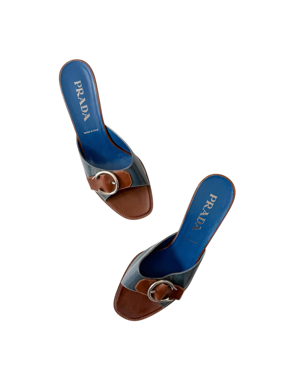 Prada Blue & Brown Buckle Kitten Heels