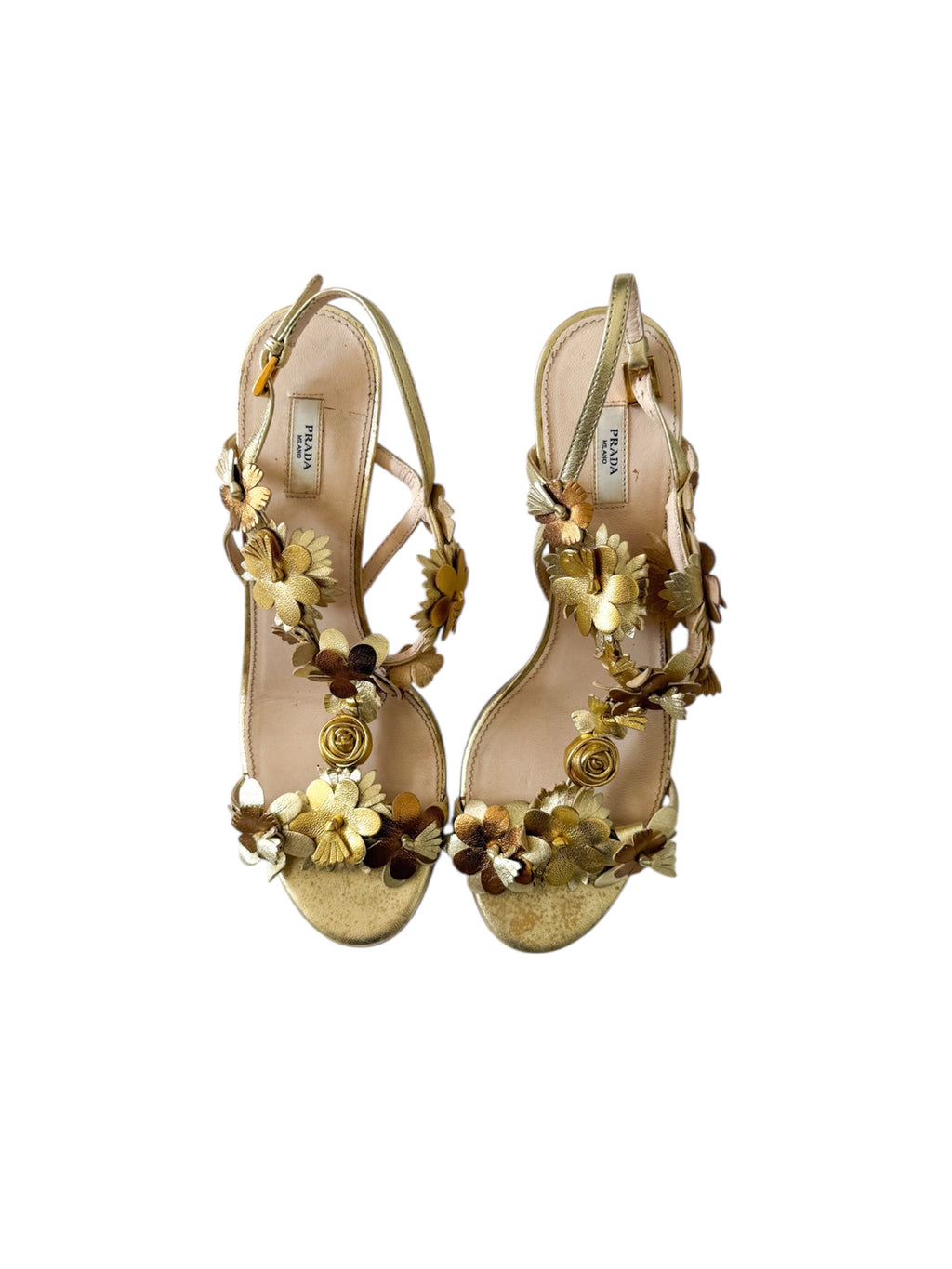Prada Gold Flower T-Shaped Strappy Heels