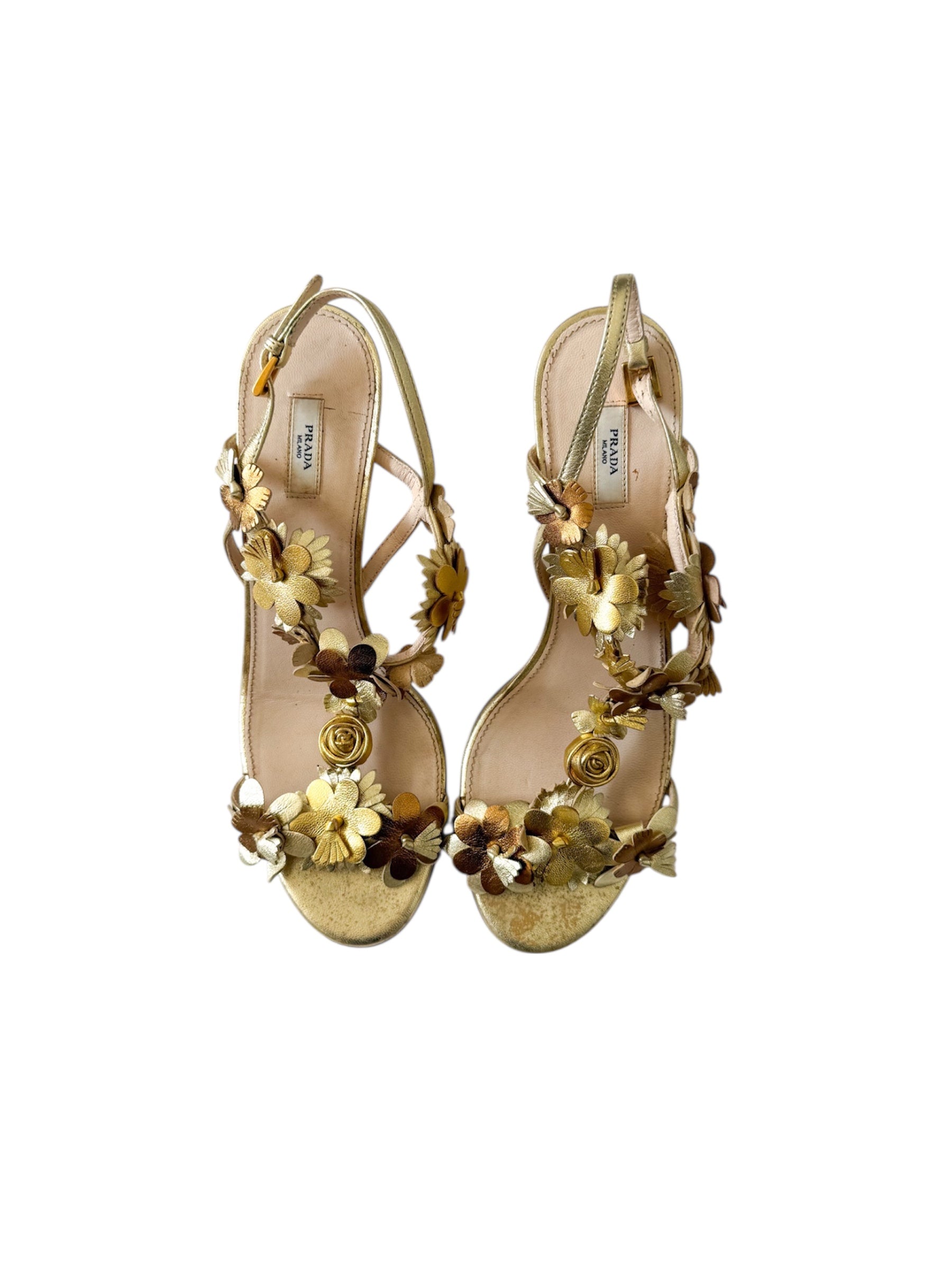 Prada Gold Flower T-Shaped Strappy Heels