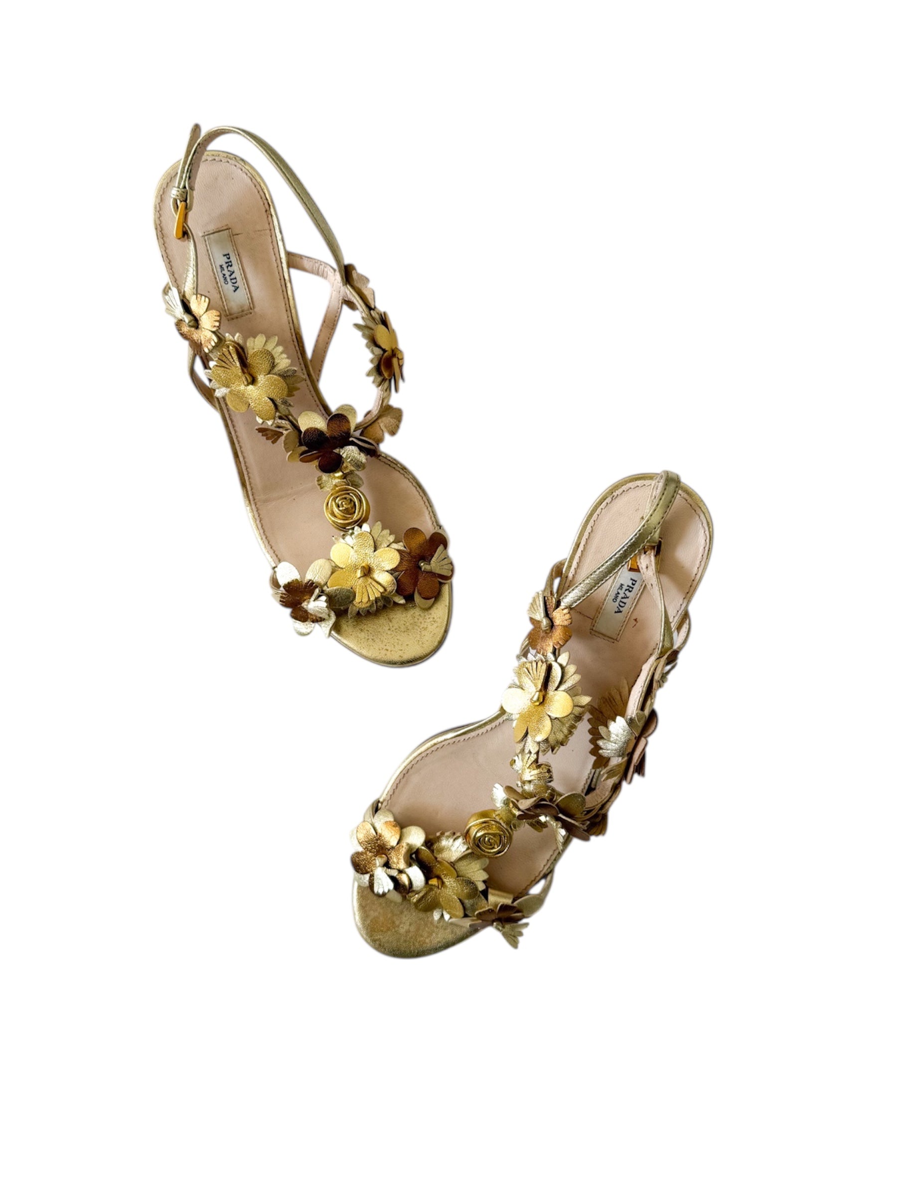 Prada Gold Flower T-Shaped Strappy Heels