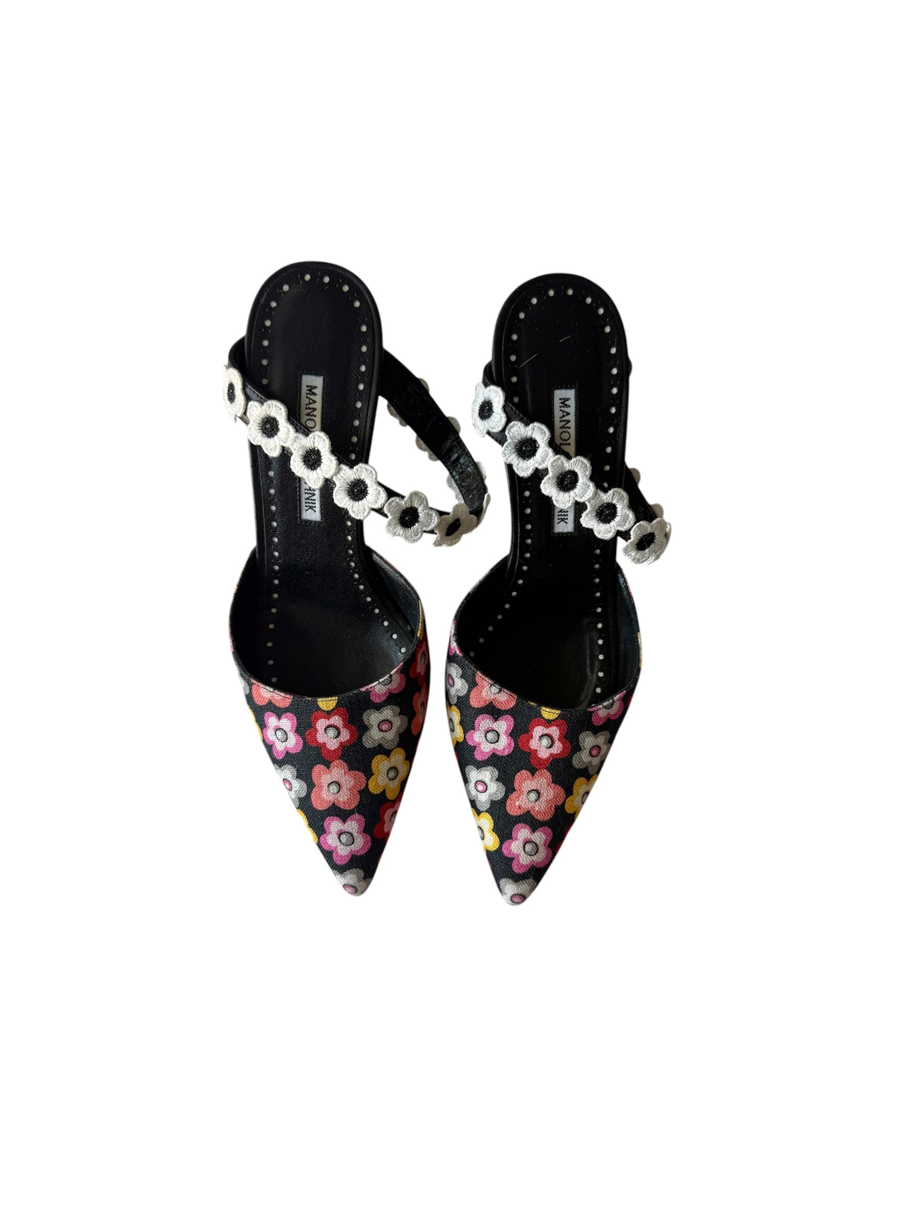 Manolo Blahnik Multicolor Flower Print Canvas Mules