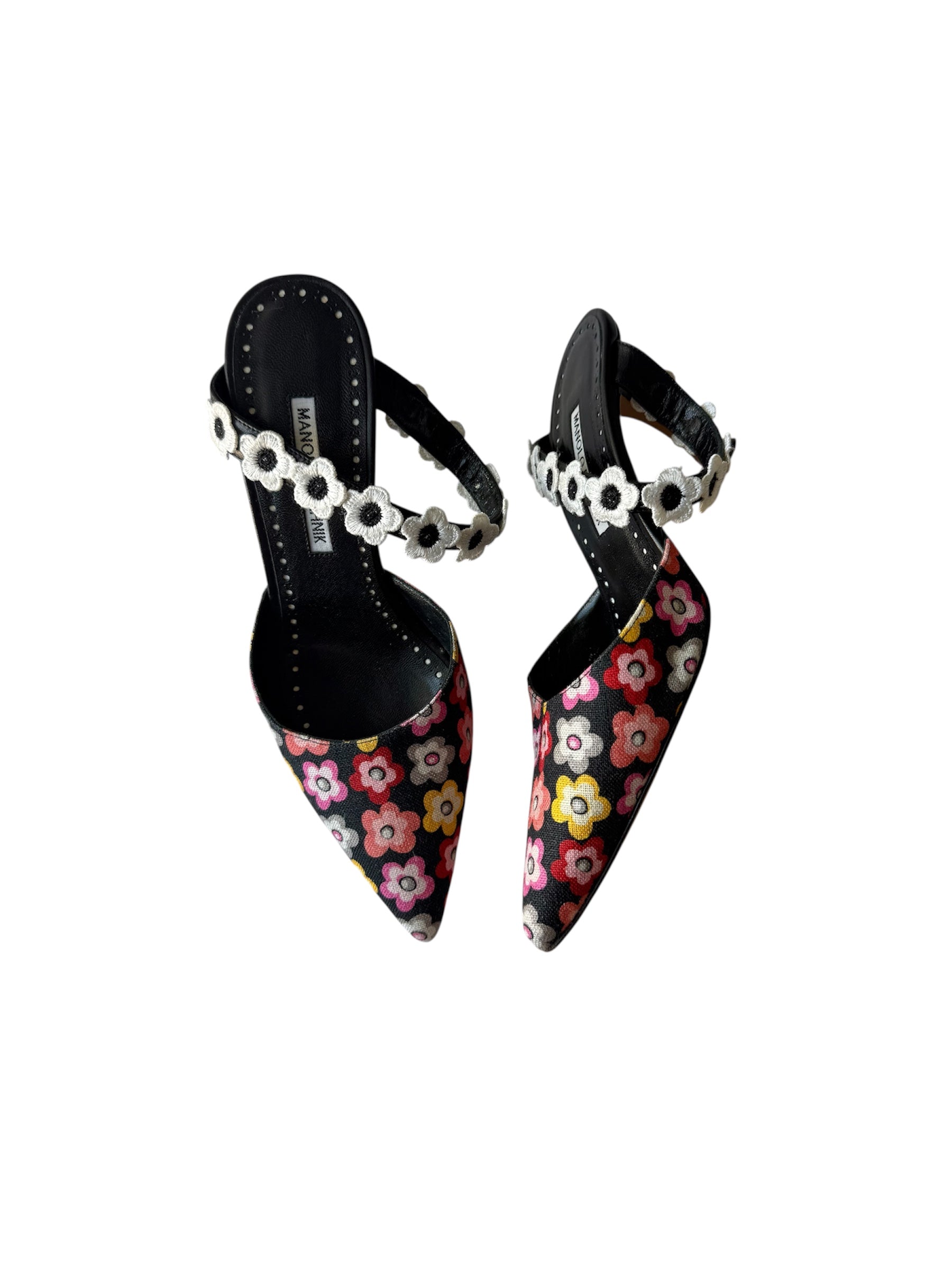 Manolo Blahnik Multicolor Flower Print Canvas Mules