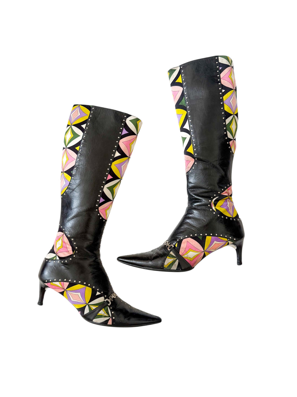 Emilio Pucci 2000s Geometric Black Leather Boots