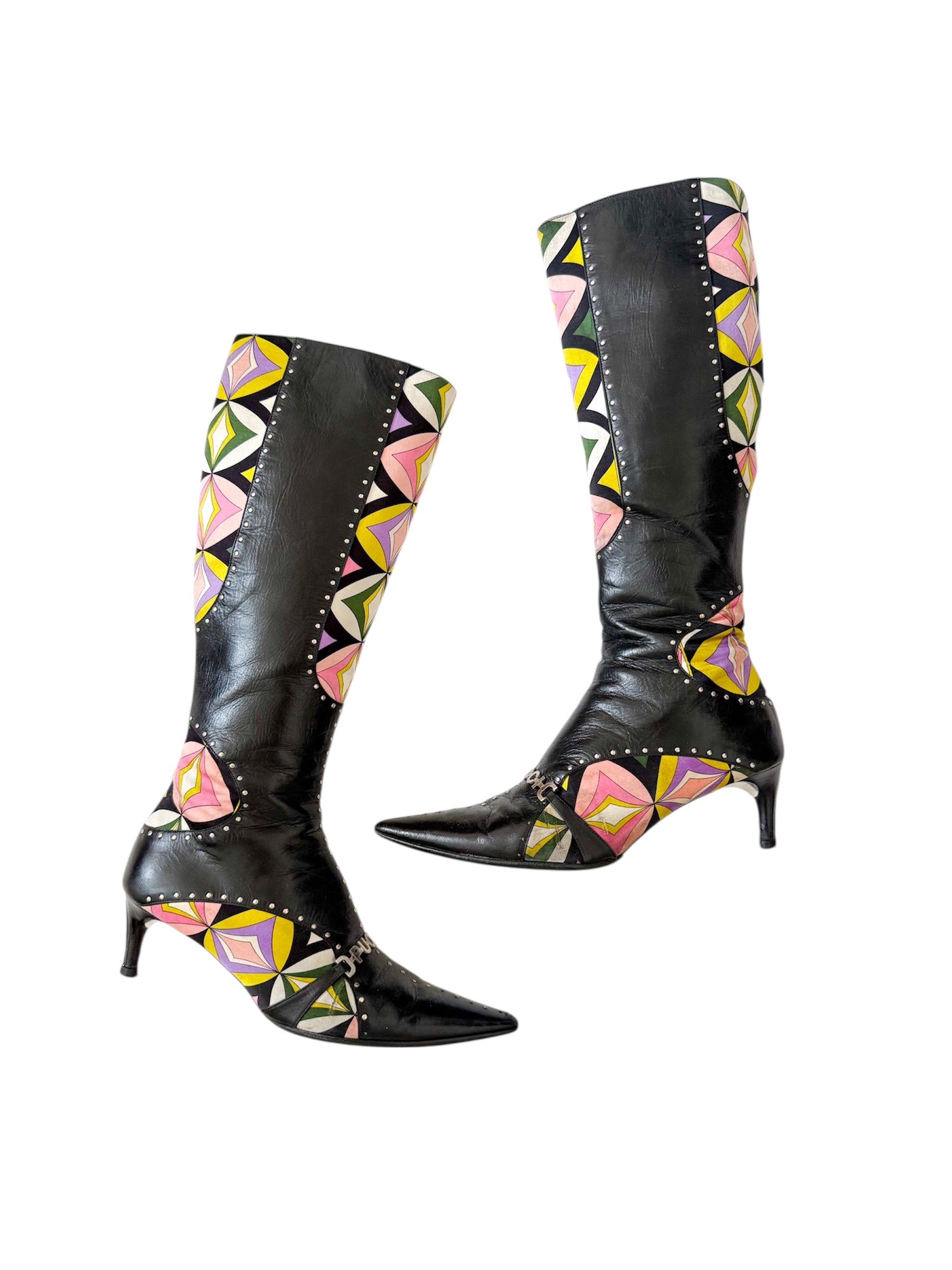 Emilio Pucci 2000s Geometric Black Leather Boots