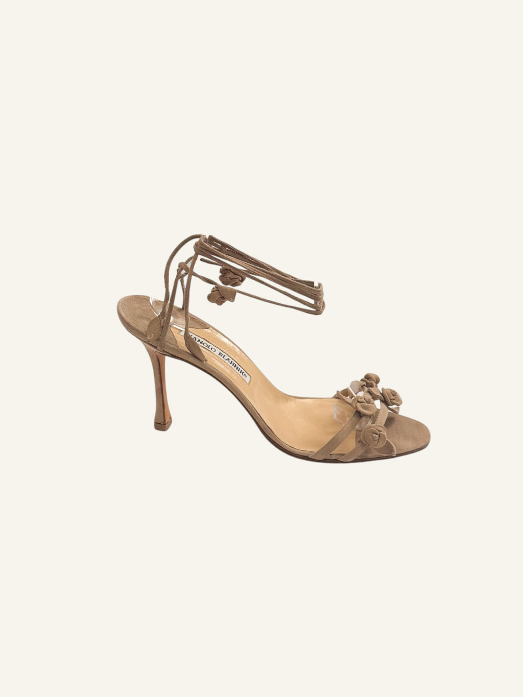 Manolo Blahnik Rosette Brown Suede Ankle Wrap Heels