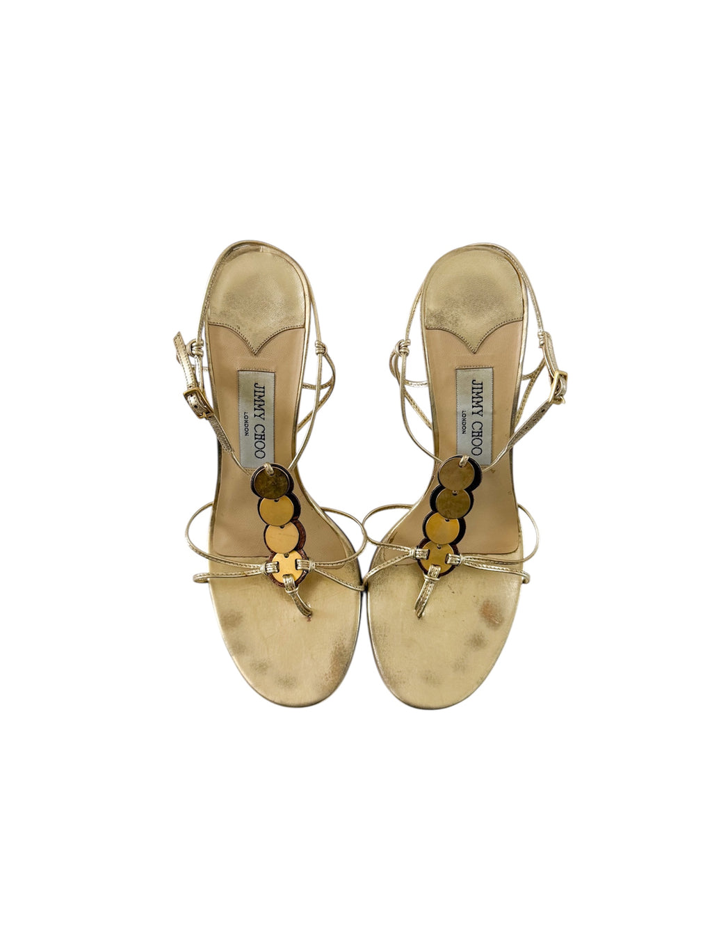 Jimmy Choo Gold Strappy Thong Circle Heels