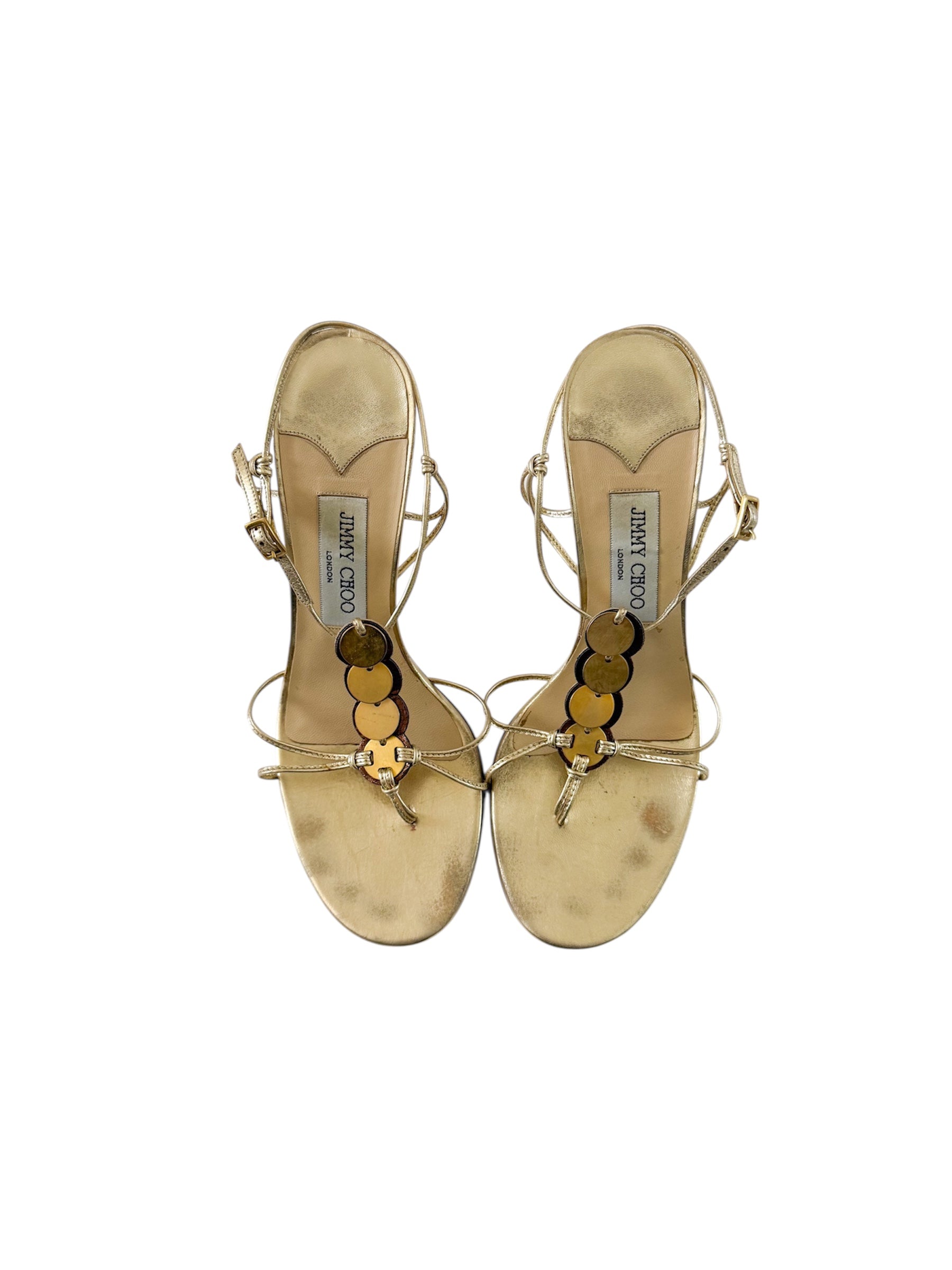 Jimmy Choo Gold Strappy Thong Circle Heels