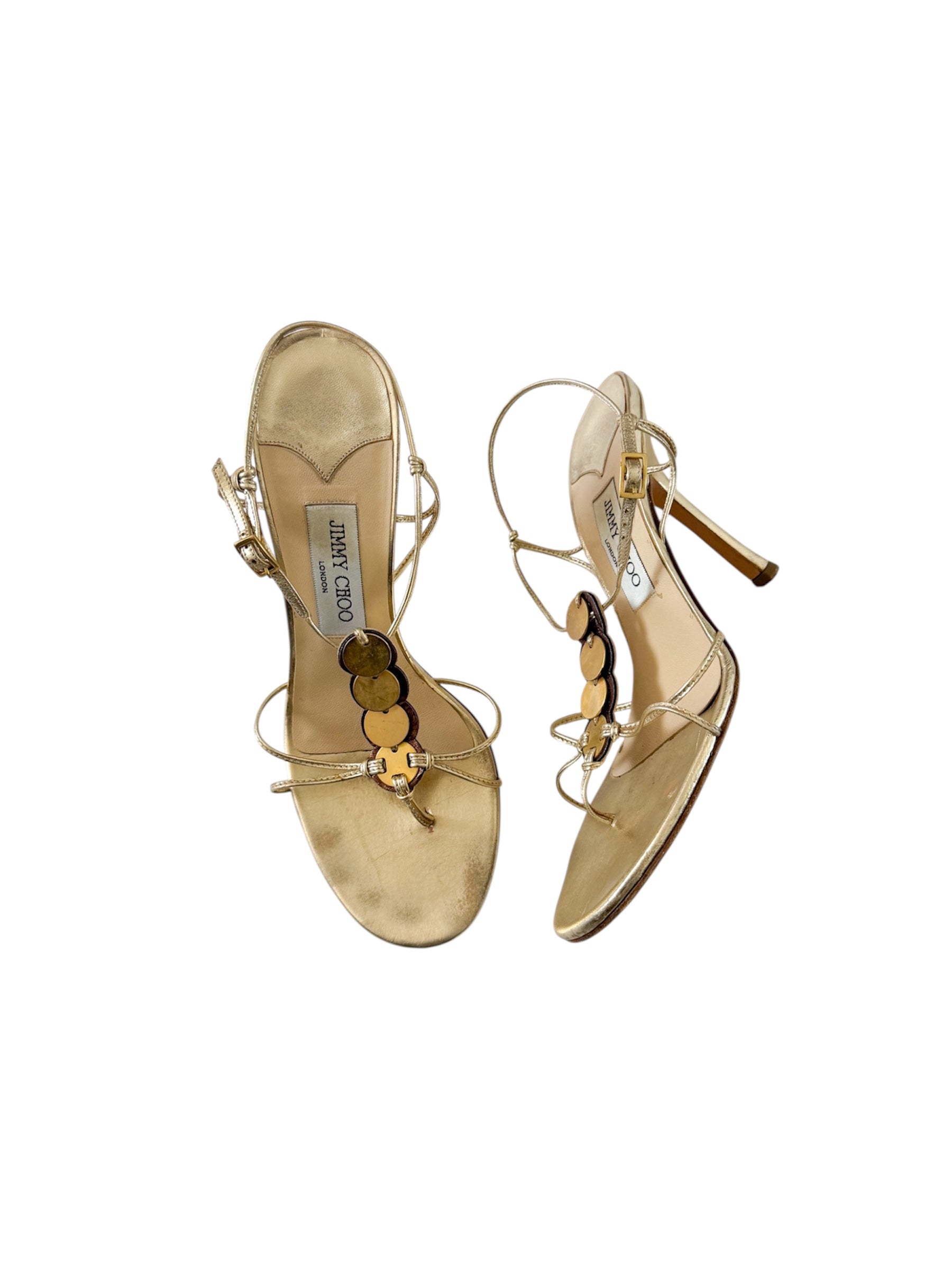 Jimmy Choo Gold Strappy Thong Circle Heels