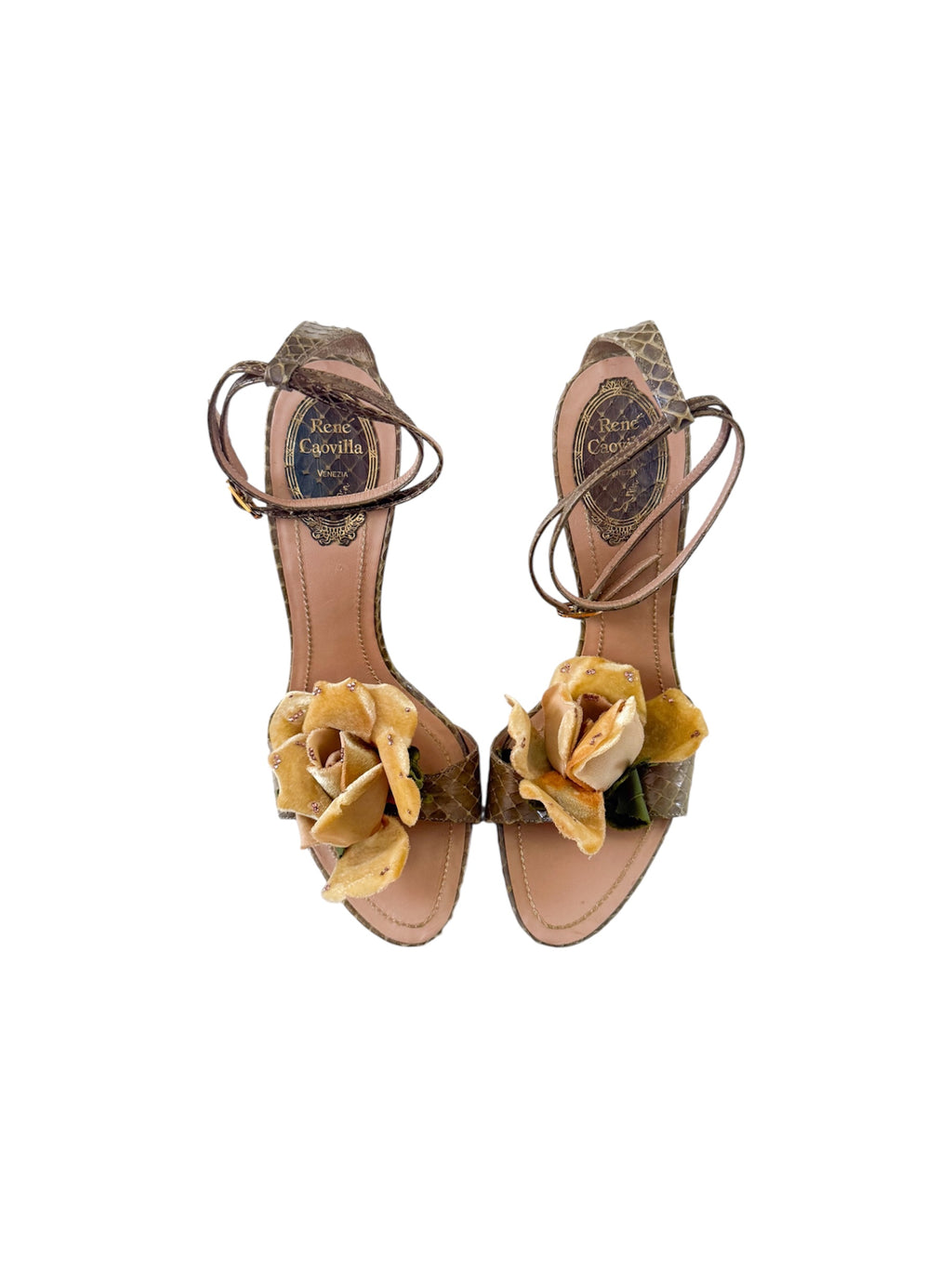 Rene Caovilla Yellow Flower Snakeskin Heels