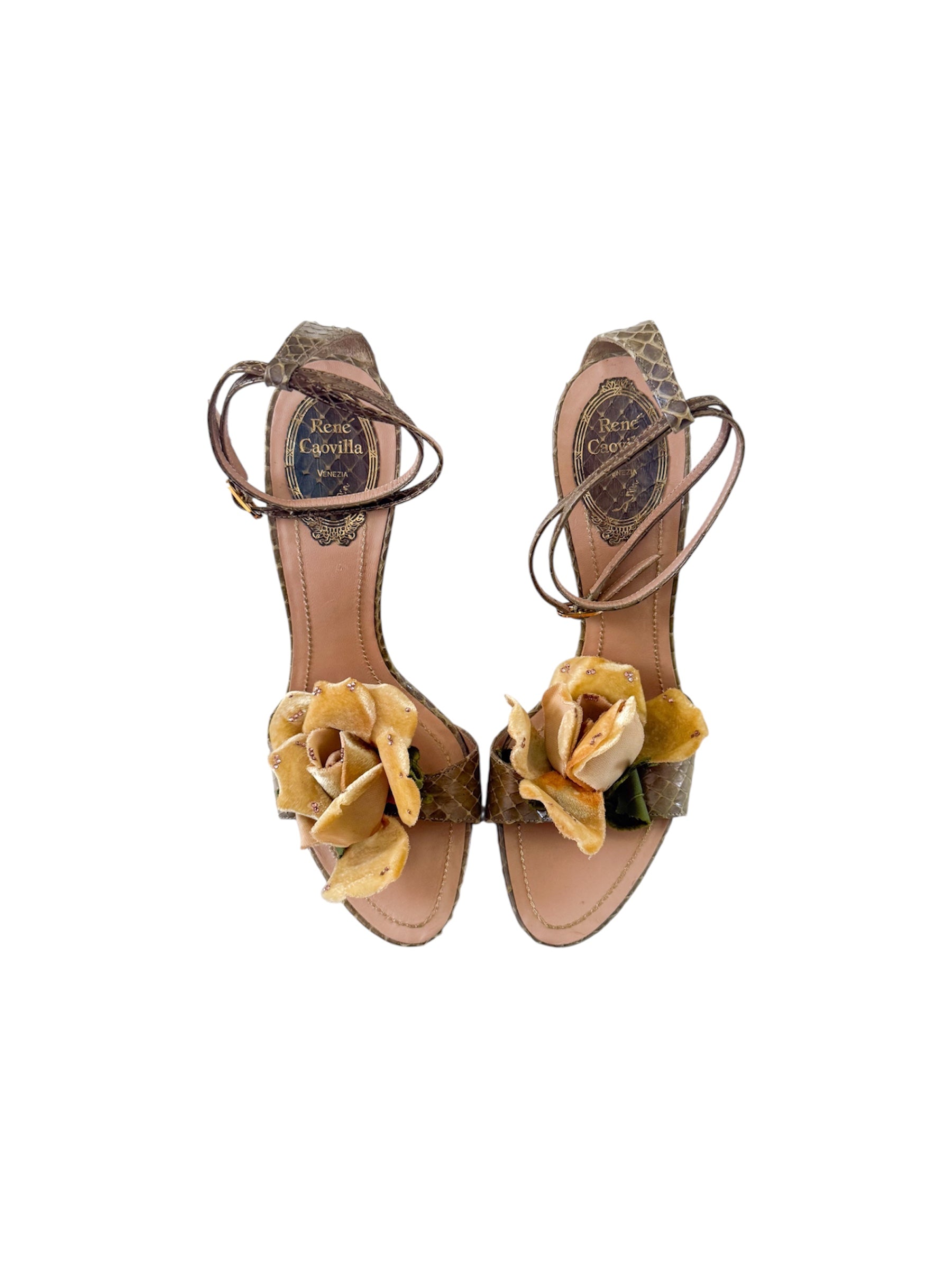 Rene Caovilla Yellow Flower Snakeskin Heels