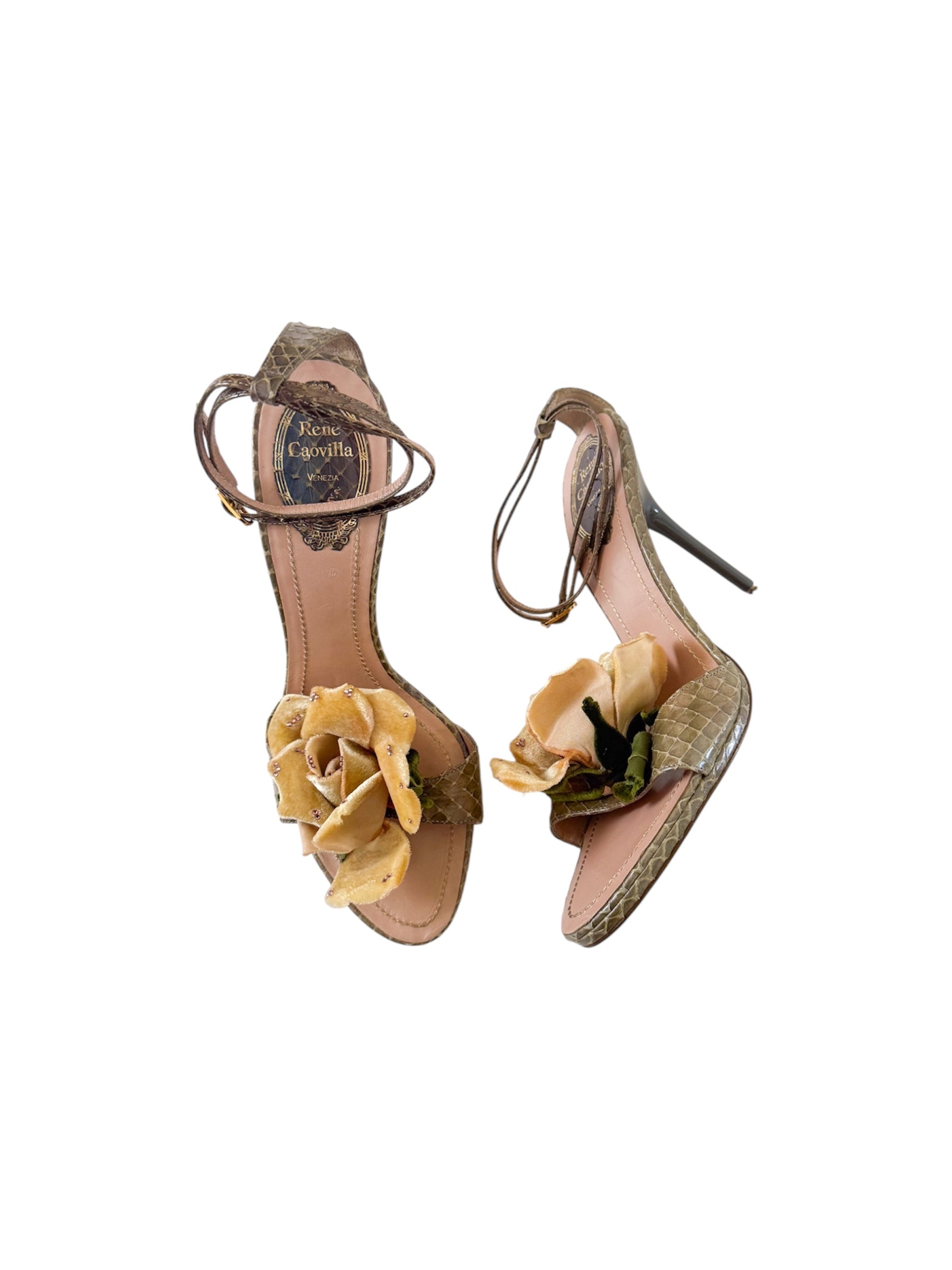 Rene Caovilla Yellow Flower Snakeskin Heels