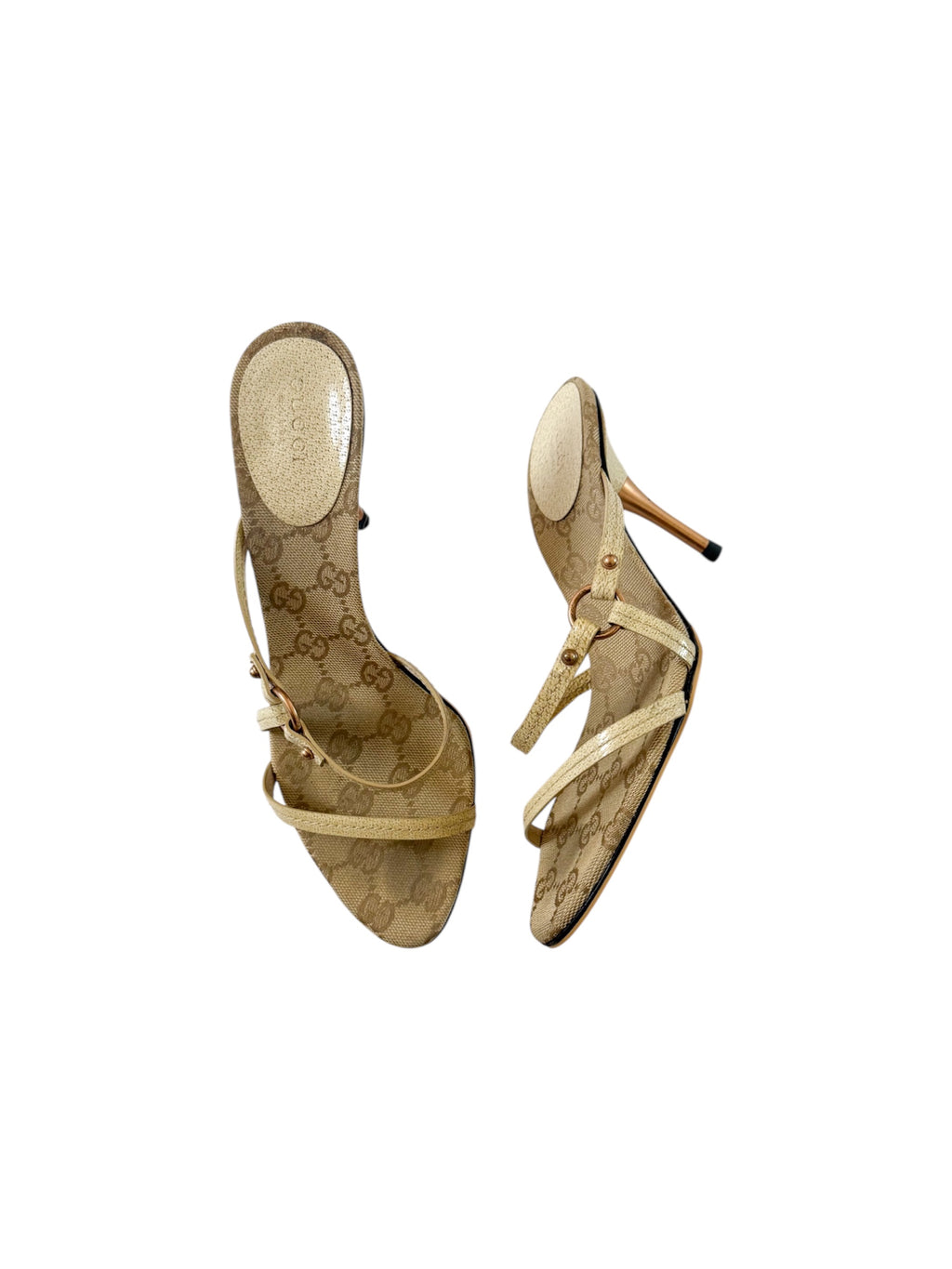 Gucci Beige Monogram Strappy Pointed Heels