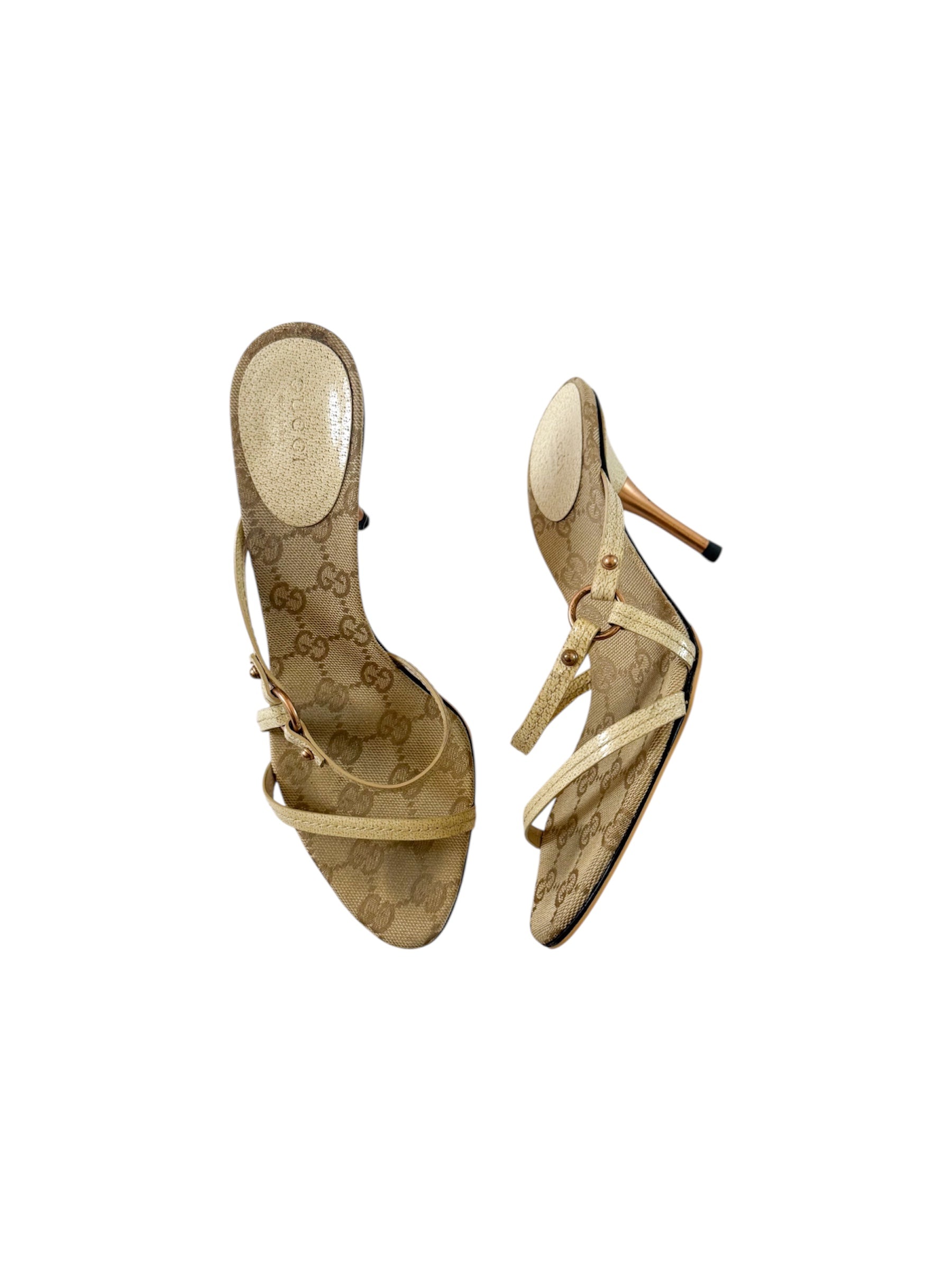 Gucci Beige Monogram Strappy Pointed Heels