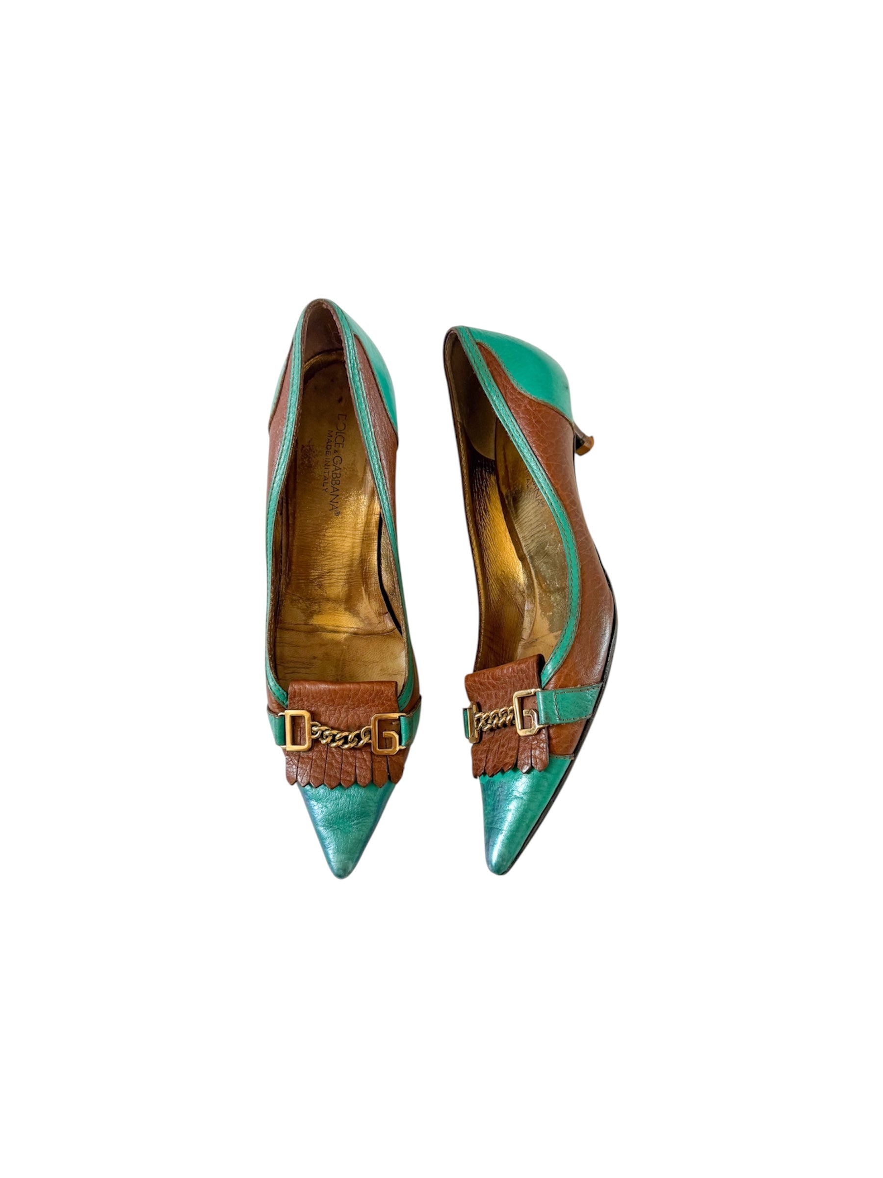 Dolce & Gabbana Blue and Gold Tassel Pointed Kitten Pumps
