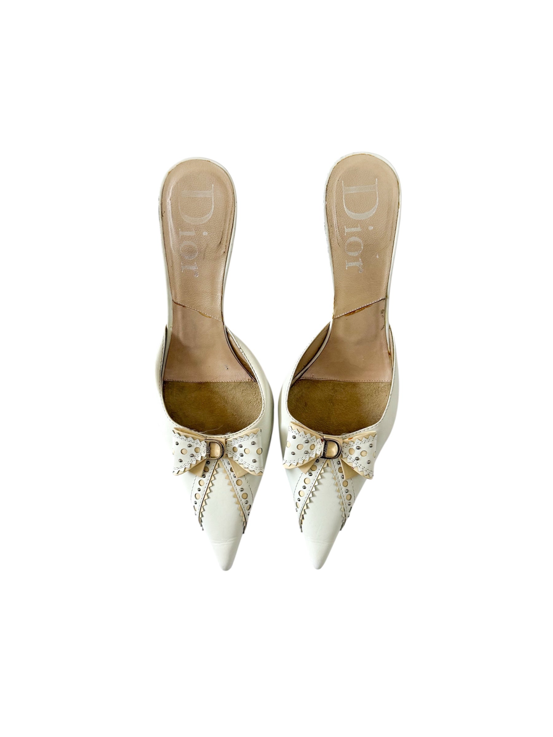 Christian Dior S/S 2004 D'Trick White Leather Bow Mules